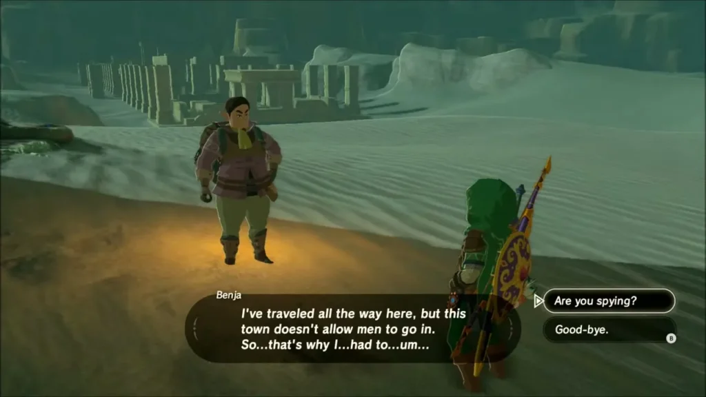 Benja explaining that the town does not allow men inside Benja explaining that the town does not allow men inside