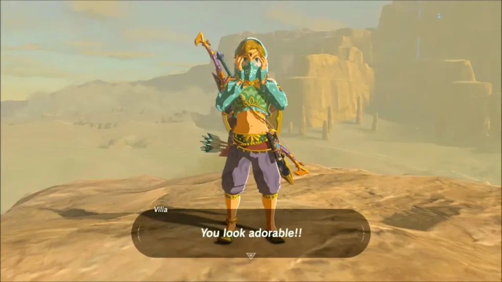Link in the full Gerudo outfit with the veil raised to his face Link in the full Gerudo outfit with the veil raised to his face