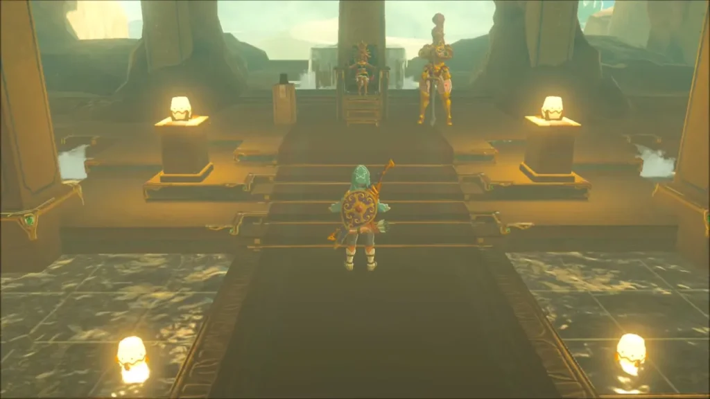 Link walking up the carpet toward Riju's throne Link walking up the carpet toward Riju's throne