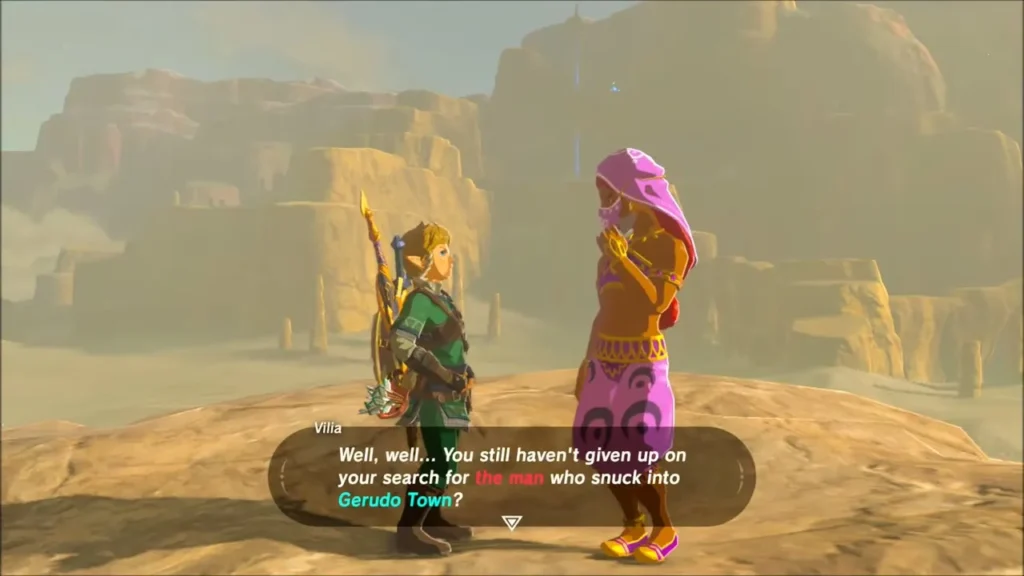 Vilia, a woman in a pink veil, talking with Link on the rooftop Vilia, a woman in a pink veil, talking with Link on the rooftop