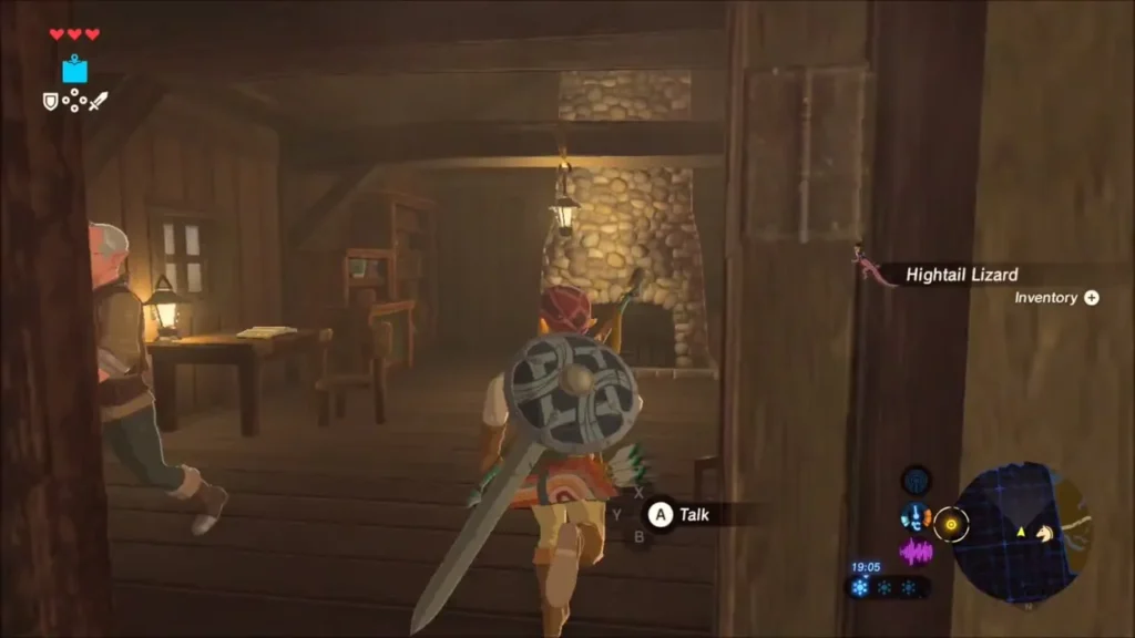 Link entering Calip's wooden cabin where the scholar waits Link entering Calip's wooden cabin where the scholar waits