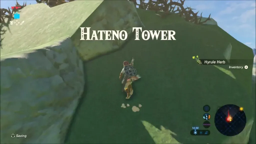 Link arriving at the foot of Hateno Tower Link arriving at the foot of Hateno Tower
