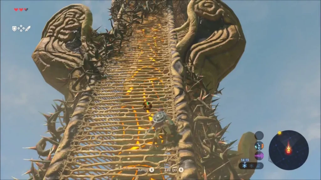 Link climbing the thorn-covered Hateno Tower Link climbing the thorn-covered Hateno Tower