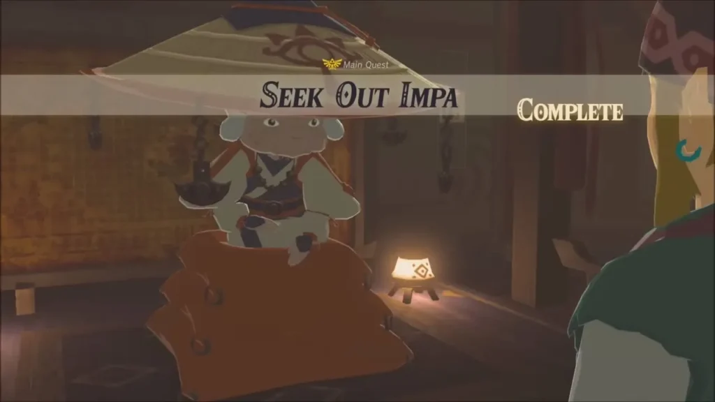 Impa seated in her house with the Seek Out Impa quest complete banner Impa seated in her house with the Seek Out Impa quest complete banner