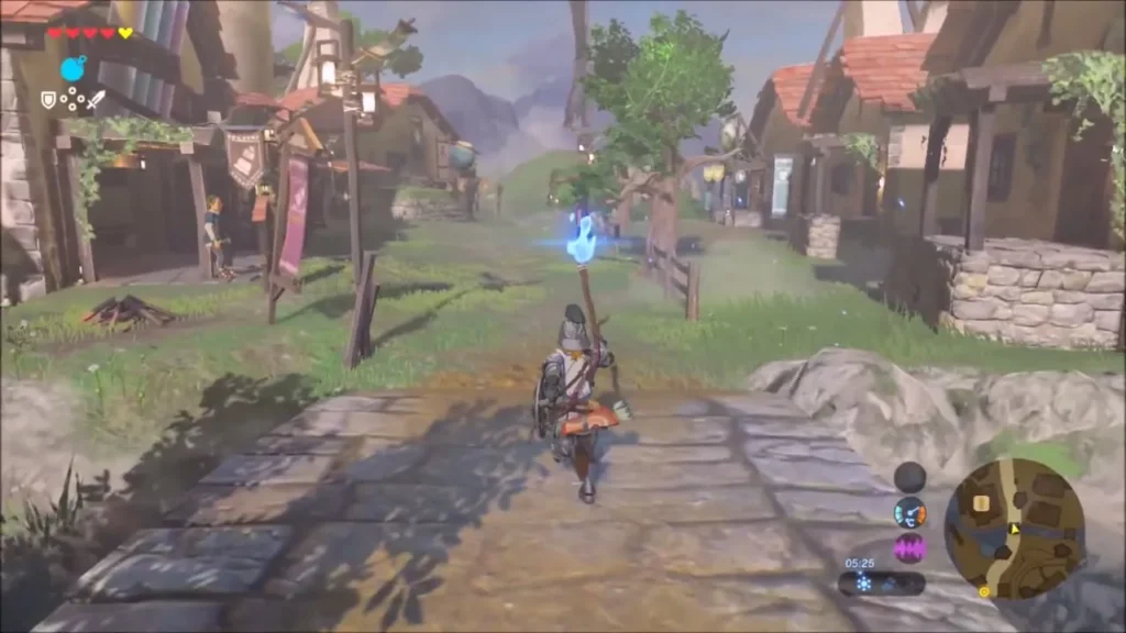 Link carrying a blue-flame torch down the Hateno village road Link carrying a blue-flame torch down the Hateno village road