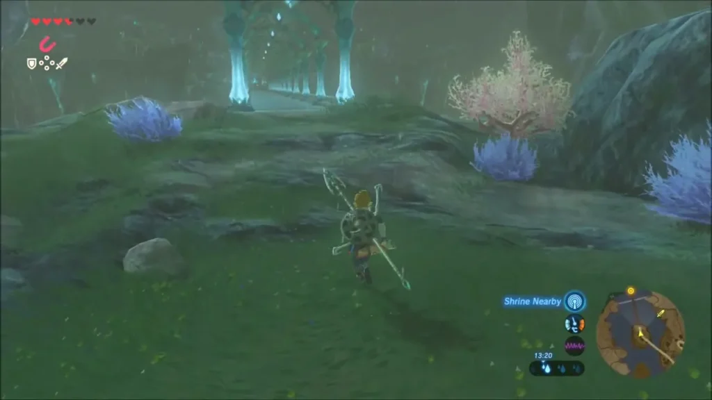 Link running along the path toward the glowing Zora's Domain colonnade Link running along the path toward the glowing Zora's Domain colonnade