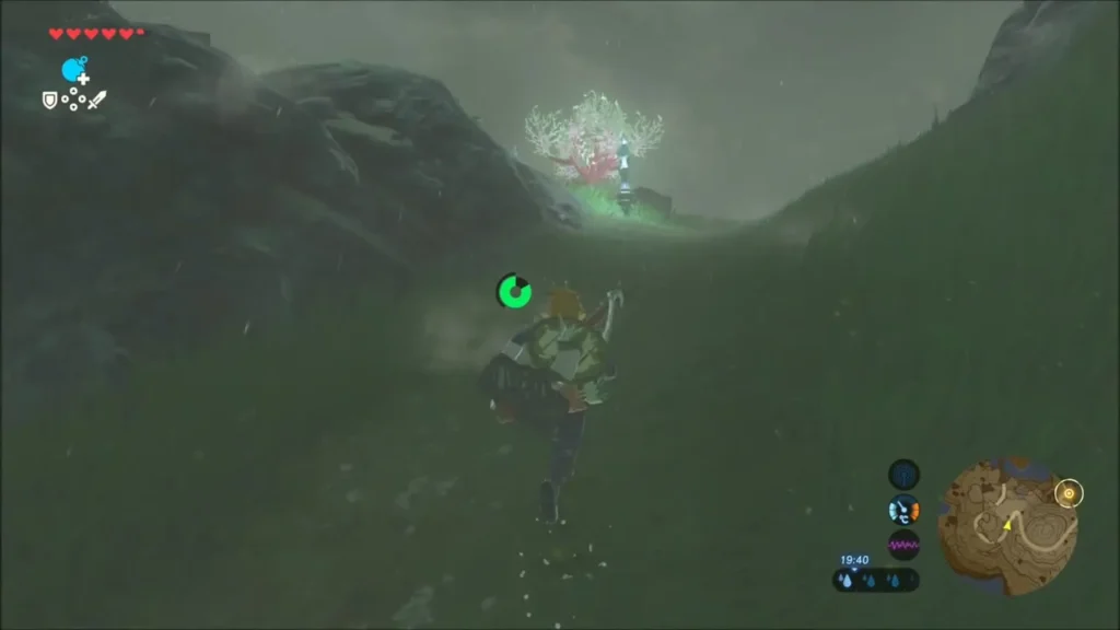 Link running up a wet slope toward a glowing coral tree in the rain Link running up a wet slope toward a glowing coral tree in the rain