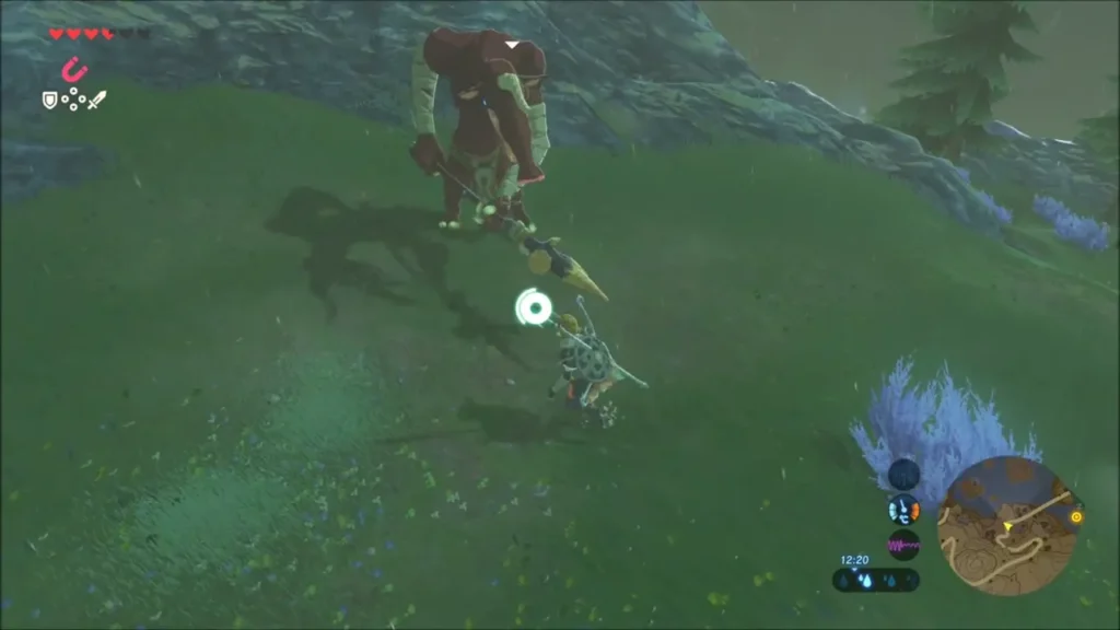 A Lizalfos approaching Link with a spear on a rainy grassy slope A Lizalfos approaching Link with a spear on a rainy grassy slope