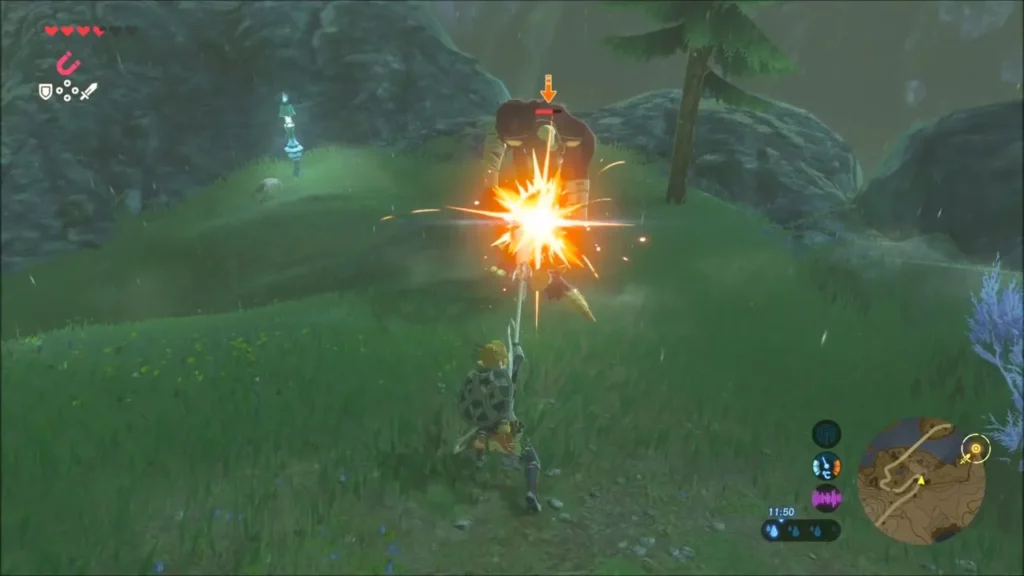 Link striking a Moblin with a spear in a burst of sparks Link striking a Moblin with a spear in a burst of sparks