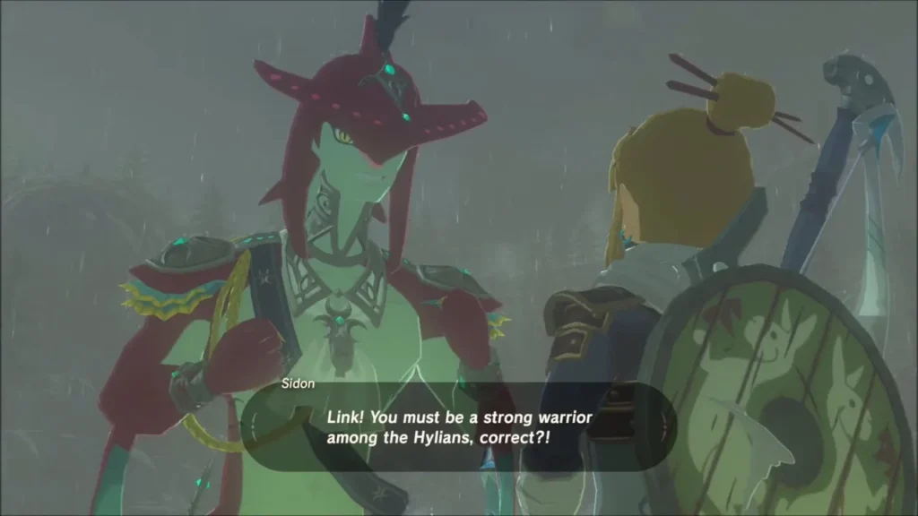 Sidon speaking to Link in the rain on the road toward Zora's Domain Sidon speaking to Link in the rain on the road toward Zora's Domain