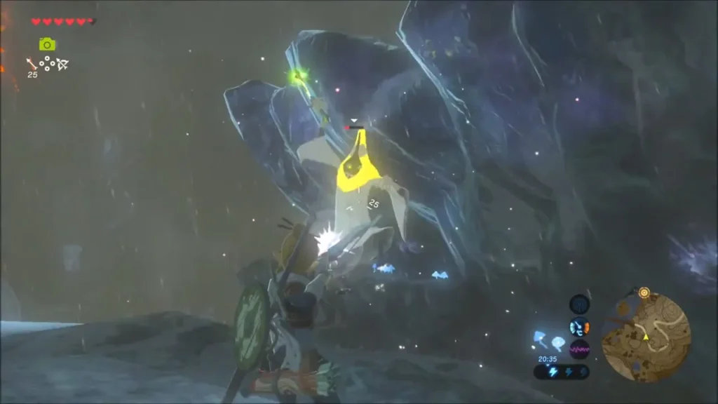 Link striking the Wizzrobe against a rock wall as it glows yellow Link striking the Wizzrobe against a rock wall as it glows yellow