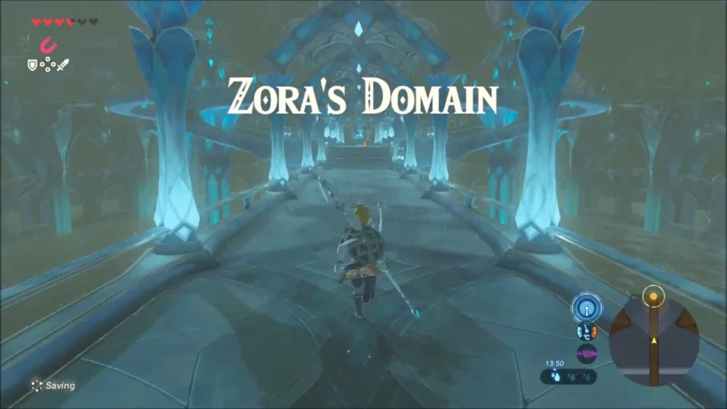 Link crossing the glowing bridge as the Zora's Domain title appears Link crossing the glowing bridge as the Zora's Domain title appears