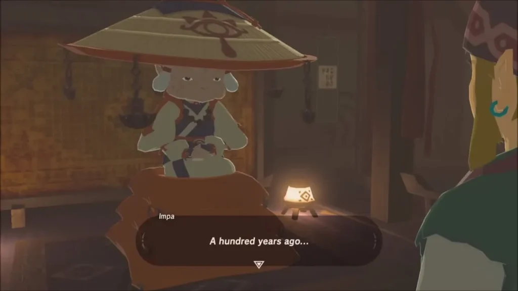 Impa seated in her Kakariko house beginning the tale of the Calamity Impa seated in her Kakariko house beginning the tale of the Calamity