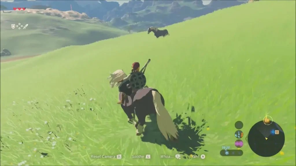 Link riding a horse across open grassland while soothing it Link riding a horse across open grassland while soothing it