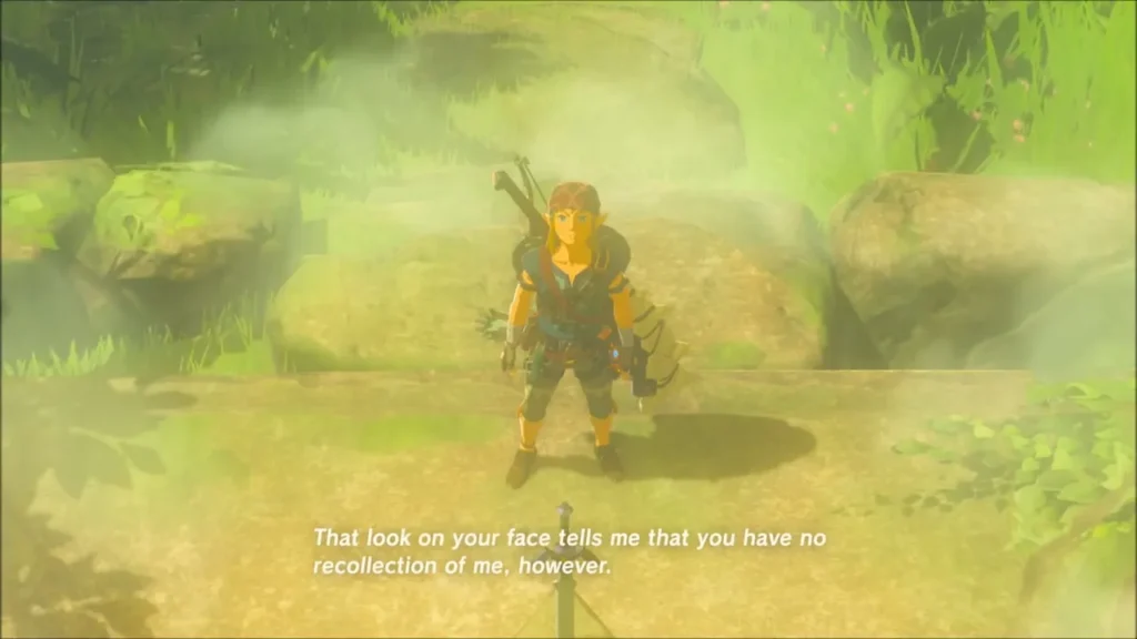 Link standing before the Master Sword as the Great Deku Tree speaks Link standing before the Master Sword as the Great Deku Tree speaks