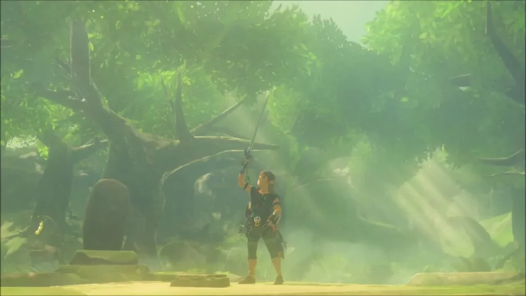 Link holding the Master Sword high in the Korok Forest clearing Link holding the Master Sword high in the Korok Forest clearing