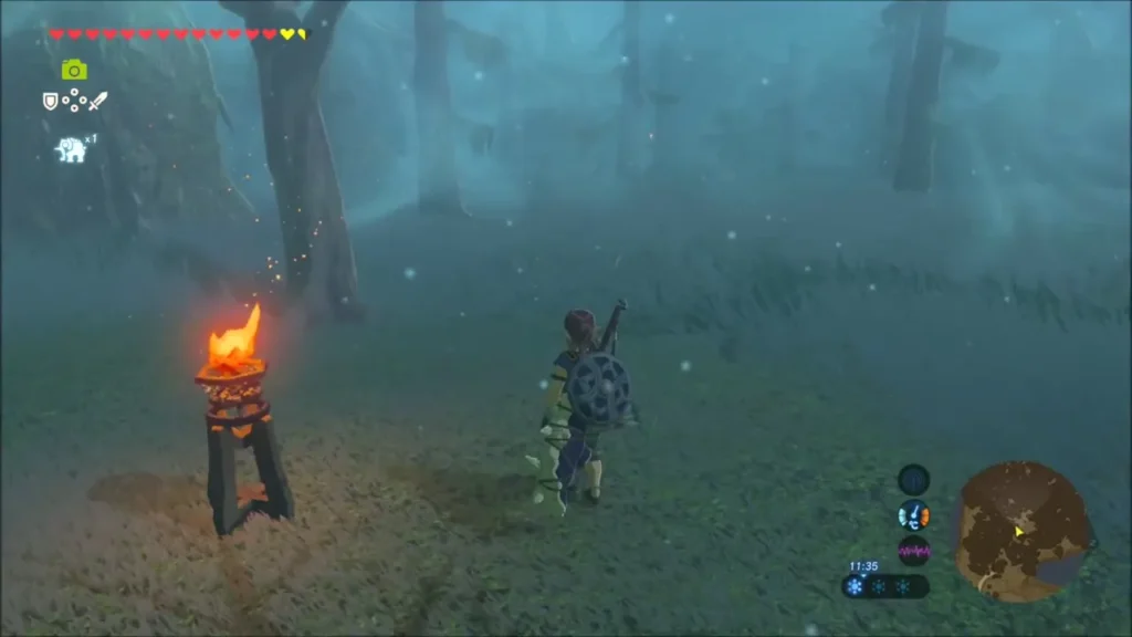 Link beside a burning torch on a path in the foggy Lost Woods Link beside a burning torch on a path in the foggy Lost Woods
