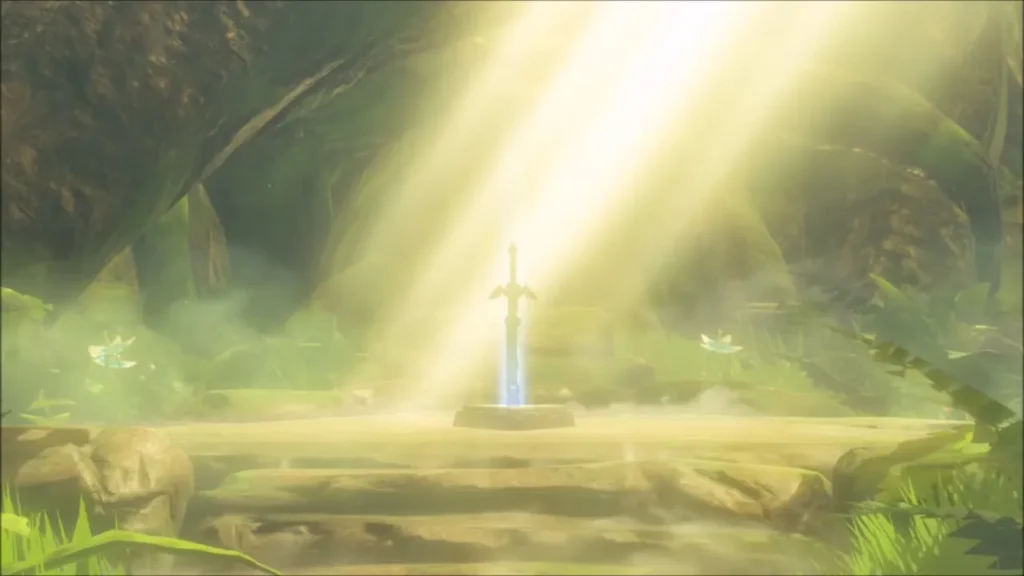The Master Sword in its pedestal under beams of light in the forest The Master Sword in its pedestal under beams of light in the forest