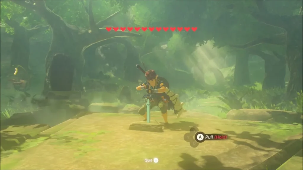 Link crouching to pull the Master Sword with a full row of hearts Link crouching to pull the Master Sword with a full row of hearts