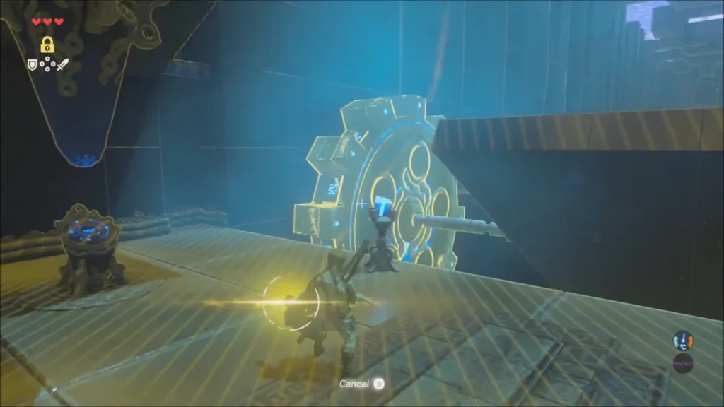 Link freezing the large rotating gear with Stasis in Owa Daim Shrine Link freezing the large rotating gear with Stasis in Owa Daim Shrine