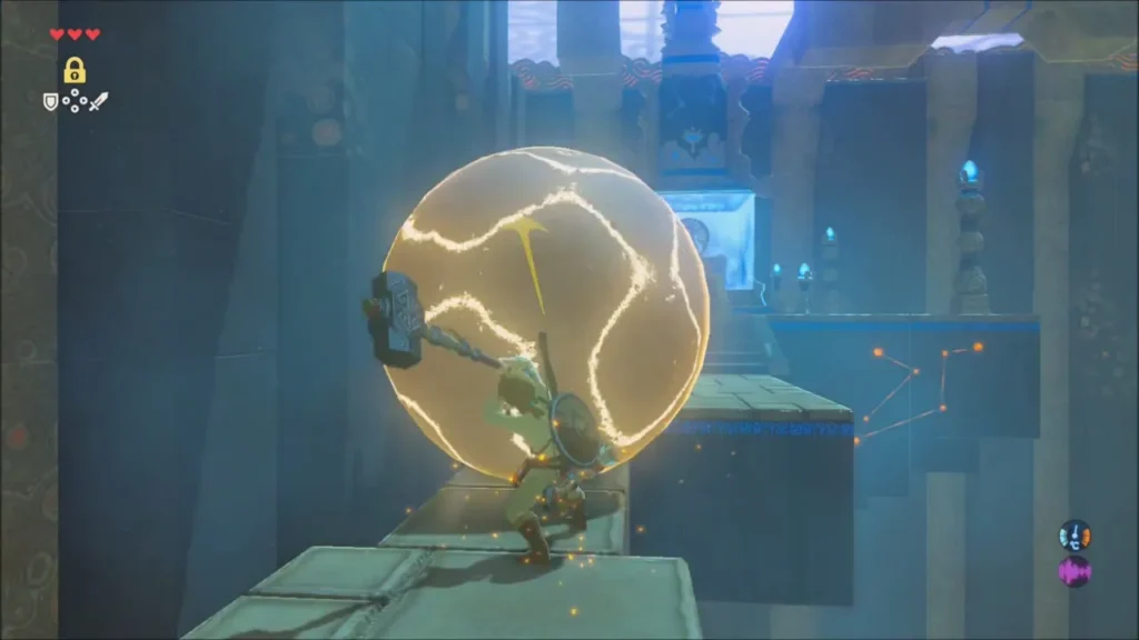 Link swinging the Iron Sledgehammer at a boulder held in stasis Link swinging the Iron Sledgehammer at a boulder held in stasis
