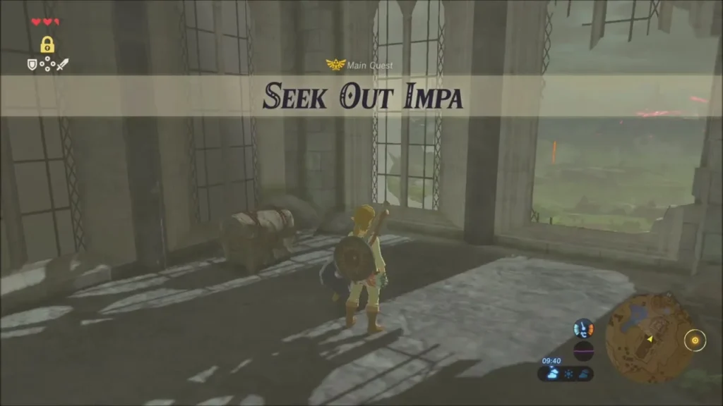 Seek Out Impa main quest banner appearing on the temple roof Seek Out Impa main quest banner appearing on the temple roof