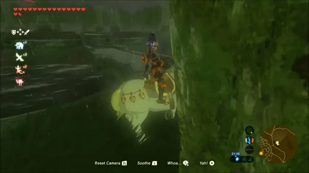 Link on horseback stopped beside the ruins, looking over the flooded area Link on horseback stopped beside the ruins, looking over the flooded area