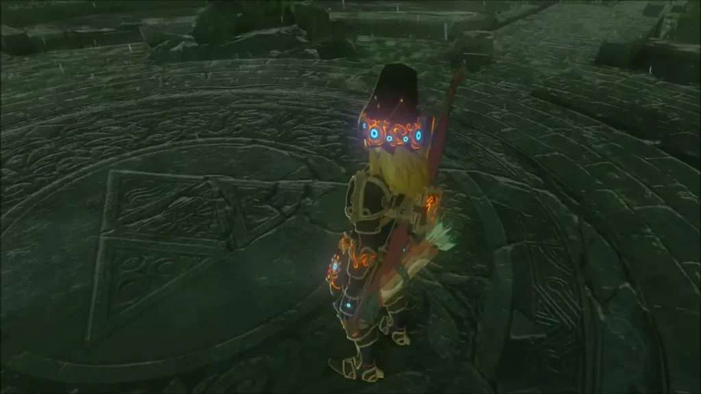 Link standing on the carved Triforce dais at the centre of the ruins Link standing on the carved Triforce dais at the centre of the ruins