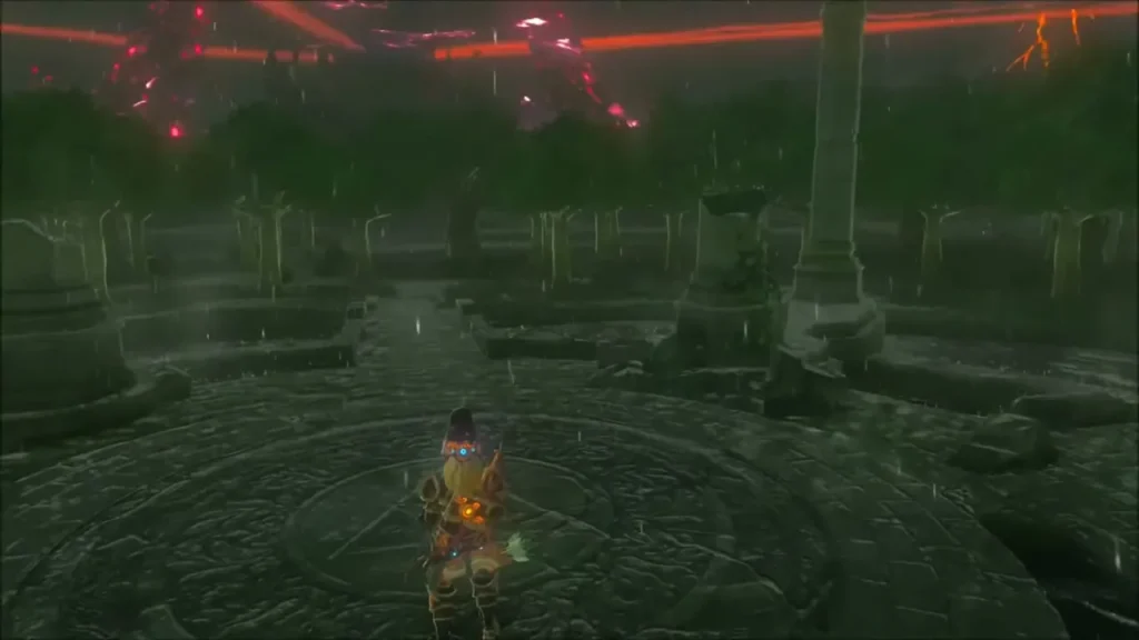 Link on foot crossing the ruins toward the carved circular dais while the Guardian looms behind Link on foot crossing the ruins toward the carved circular dais while the Guardian looms behind