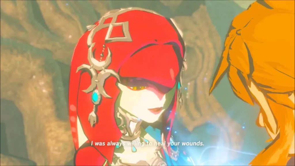 Mipha speaking tenderly to Link as she heals him Mipha speaking tenderly to Link as she heals him