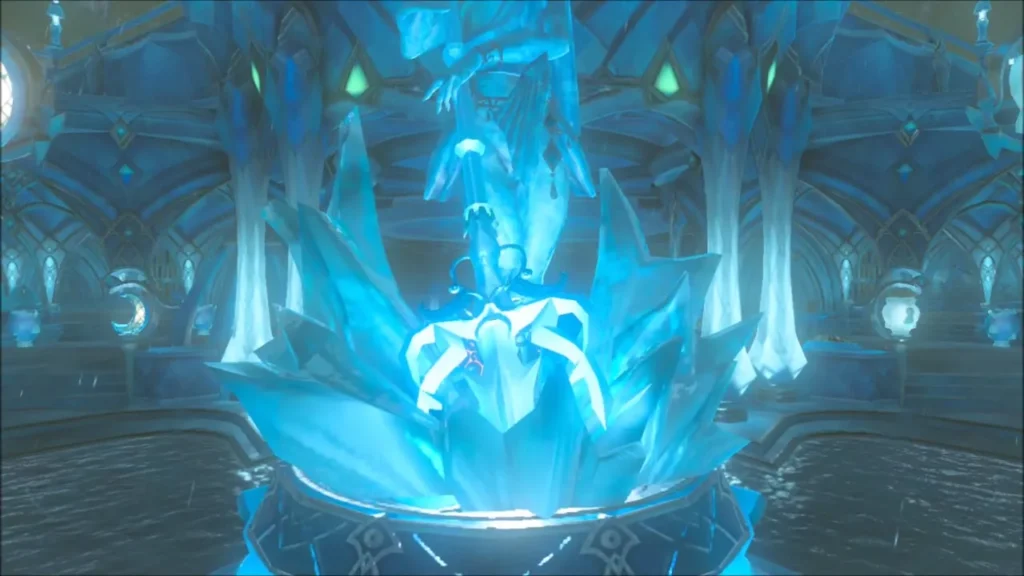 The glowing statue of Mipha rising from its basin The glowing statue of Mipha rising from its basin