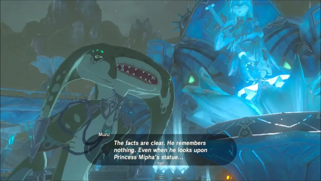 Muzu scorning Link with the glowing Mipha statue behind him Muzu scorning Link with the glowing Mipha statue behind him