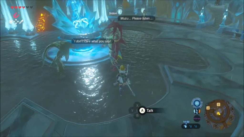 Sidon and Muzu arguing in the lower square of Zora's Domain with Link nearby Sidon and Muzu arguing in the lower square of Zora's Domain with Link nearby