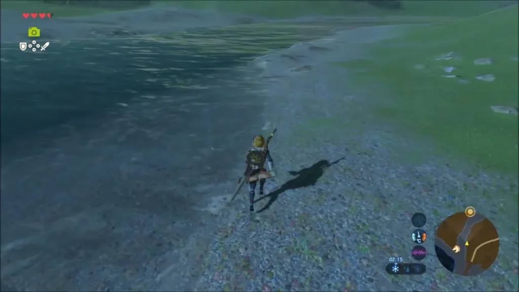 Link walking along the stony east bank of the lake Link walking along the stony east bank of the lake