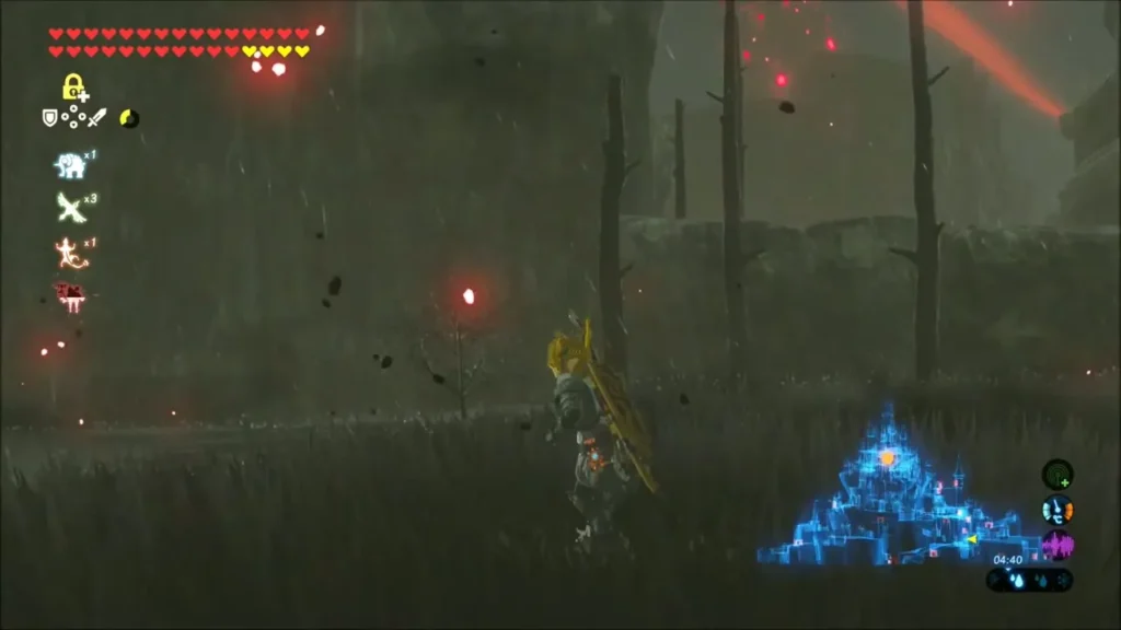 Link moving through dead grass on the castle grounds under a red Guardian beam Link moving through dead grass on the castle grounds under a red Guardian beam