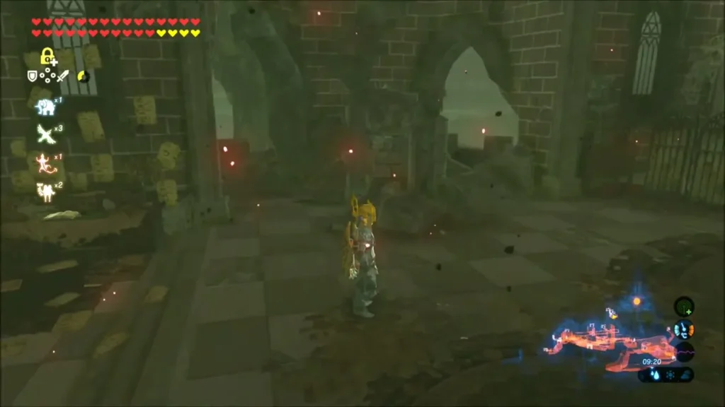 Link standing in a ruined checkered hall in the castle Link standing in a ruined checkered hall in the castle
