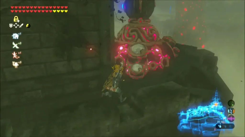 Link hugging a stone wall beside a glowing Guardian at Hyrule Castle Link hugging a stone wall beside a glowing Guardian at Hyrule Castle