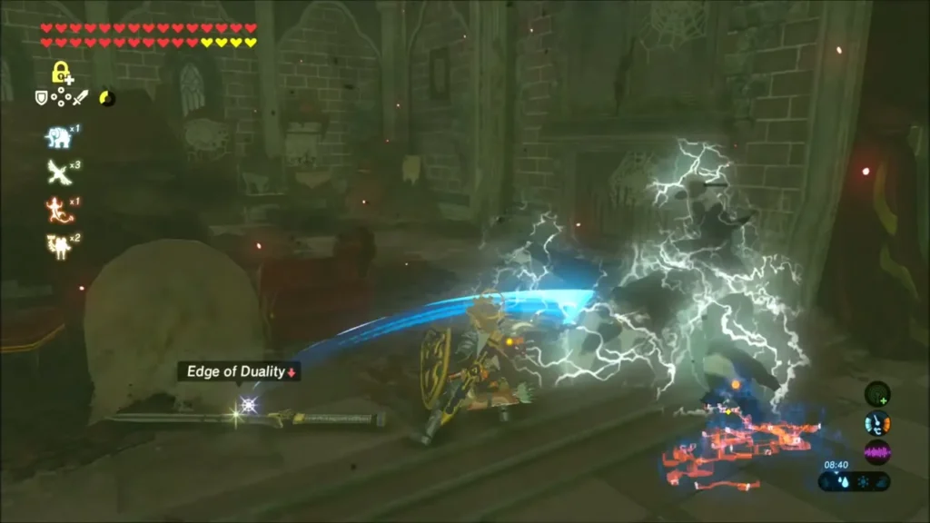 Link striking a shocked Guardian in a castle room with Edge of Duality nearby Link striking a shocked Guardian in a castle room with Edge of Duality nearby