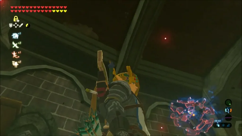 Link with bow drawn in a ruined castle hall near Zelda's study Link with bow drawn in a ruined castle hall near Zelda's study