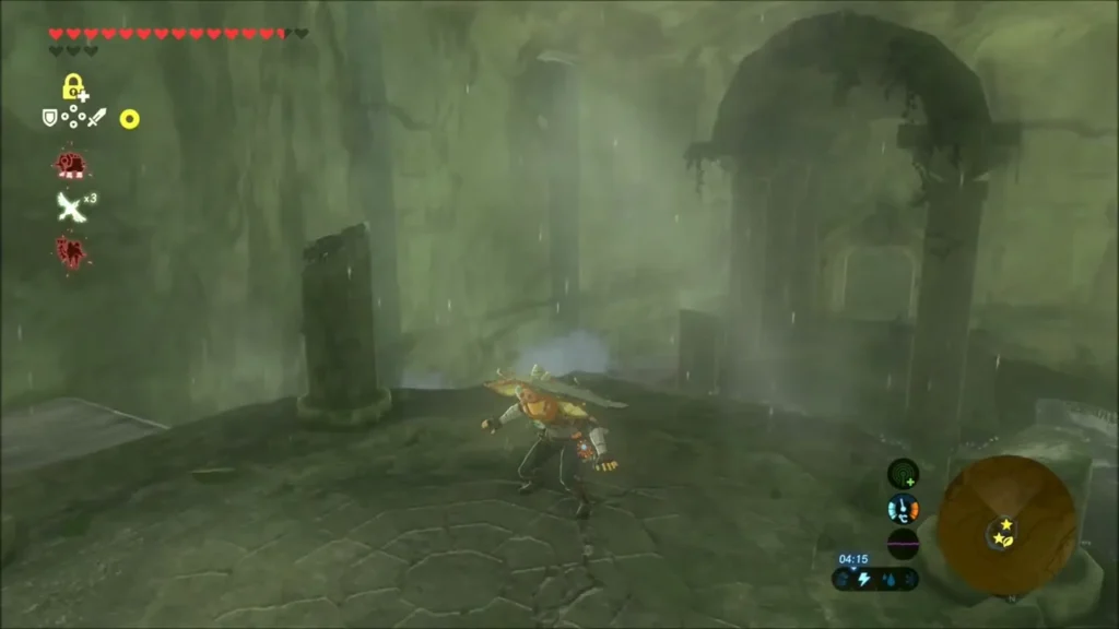 Link crossing a stone ledge with a ruined arch beside the spring Link crossing a stone ledge with a ruined arch beside the spring
