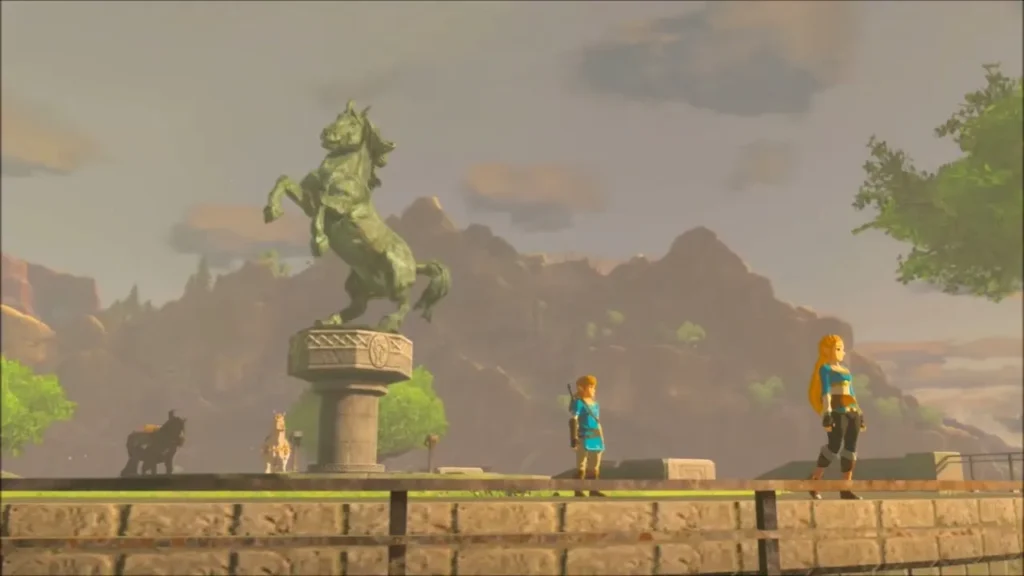 Link and Zelda standing near the horse statue in the memory Link and Zelda standing near the horse statue in the memory