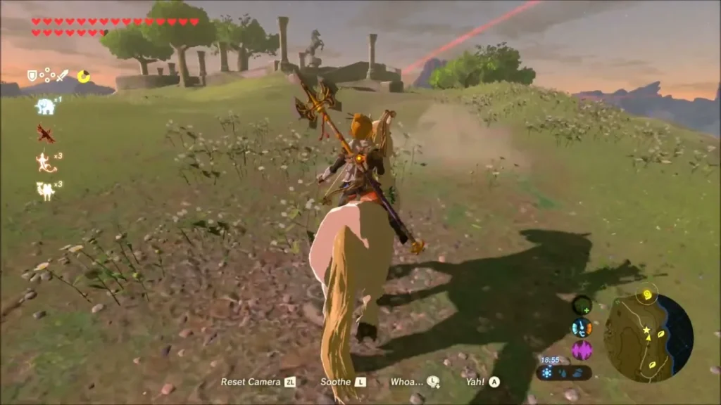 Link riding his horse along the road toward the park ruins on the hill Link riding his horse along the road toward the park ruins on the hill