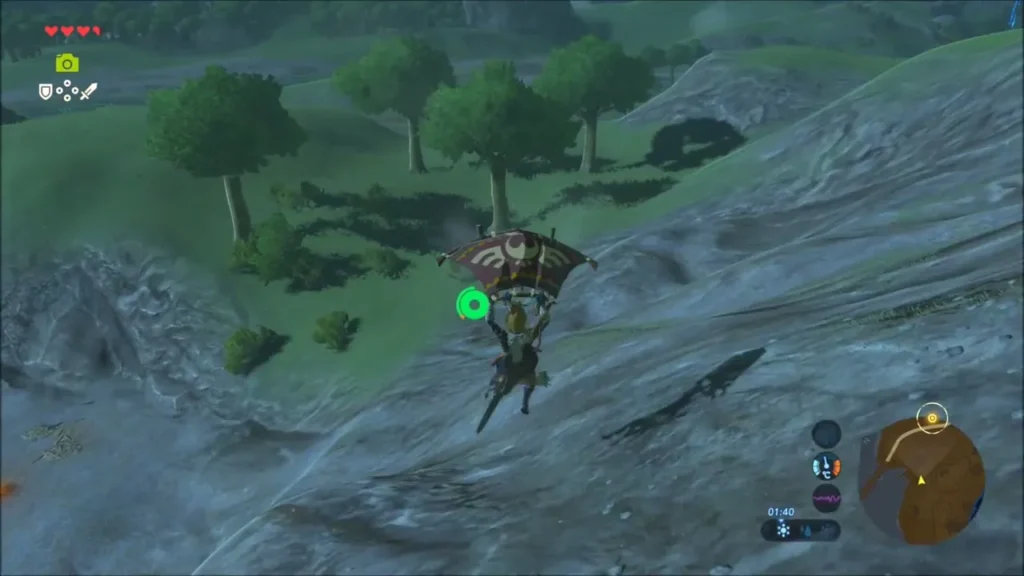Link gliding down a rocky hillside past green trees Link gliding down a rocky hillside past green trees