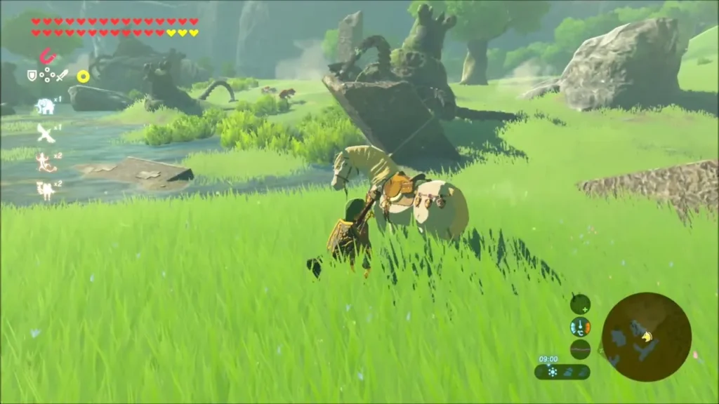 Link on horseback in tall grass beside a river Link on horseback in tall grass beside a river