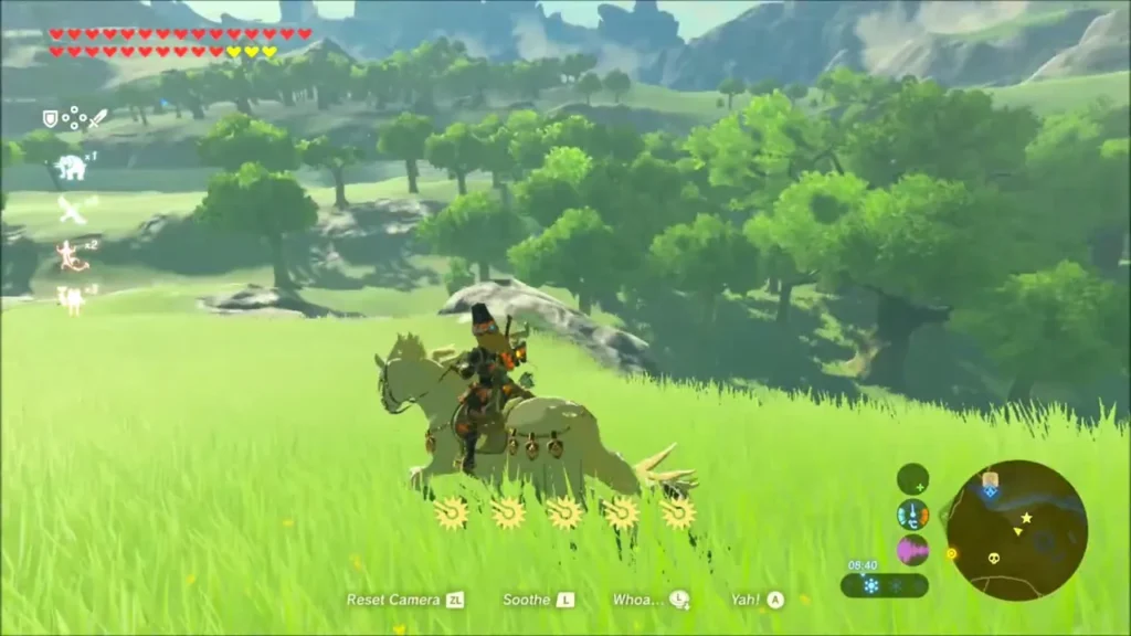 Link riding a horse across a hillside toward a wooded area Link riding a horse across a hillside toward a wooded area