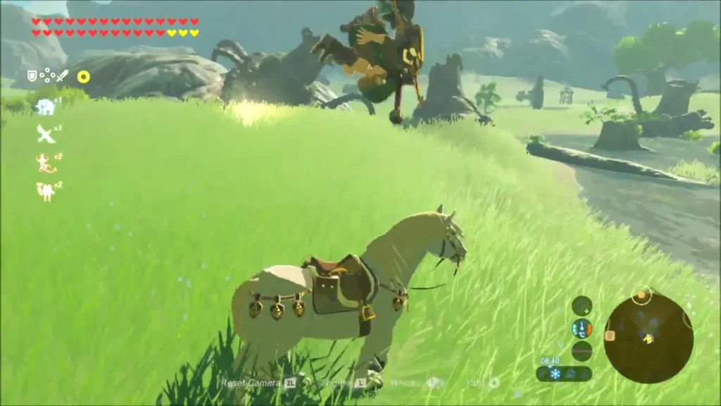 Link leaping off his horse beside the ruined Guardians Link leaping off his horse beside the ruined Guardians