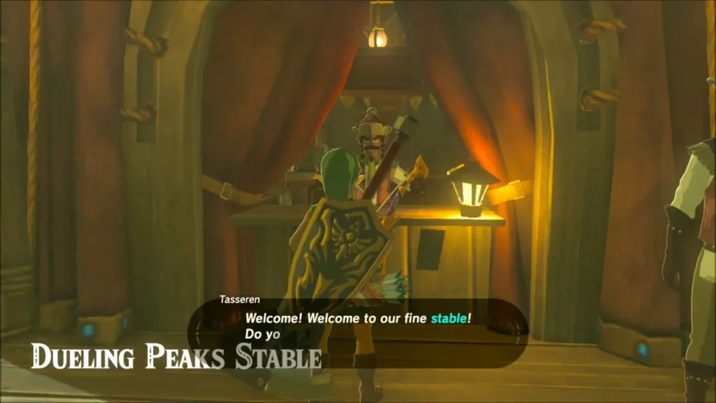 Link at the counter of Dueling Peaks Stable talking to the stable keeper Link at the counter of Dueling Peaks Stable talking to the stable keeper