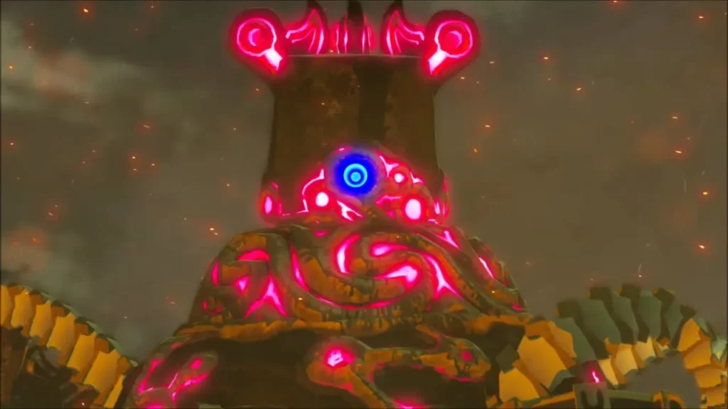 A Guardian with glowing red markings and its blue eye lit A Guardian with glowing red markings and its blue eye lit