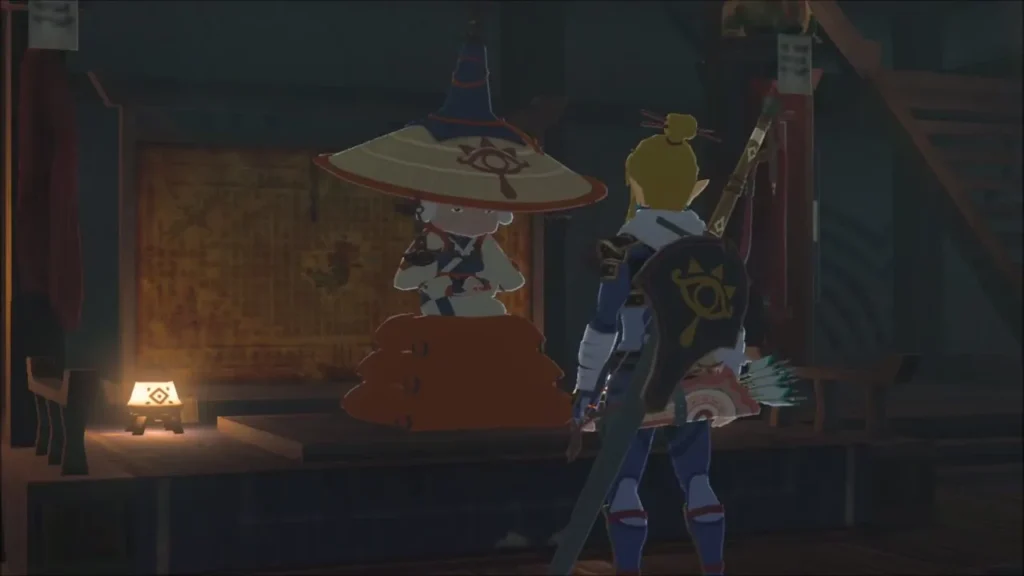 Link standing before a hat-wearing villager inside a Kakariko Village building Link standing before a hat-wearing villager inside a Kakariko Village building