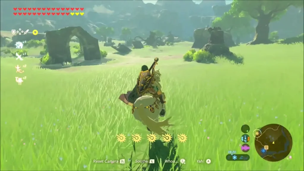 Link riding a white horse across the grass past a stone arch Link riding a white horse across the grass past a stone arch
